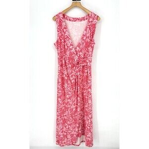 Lands End Faux Wrap Tropical Hawaiian Floral Stretch Maxi Dress XL 18 Beach